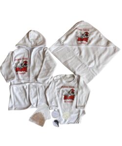Set pentru prima baita - Minnie Mouse rosu cu prosop, body, halat si saculet cu mirodenii