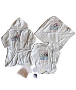 Set pentru prima baita - Minnie Mouse roz cu prosop, body, halat si saculet cu mirodenii