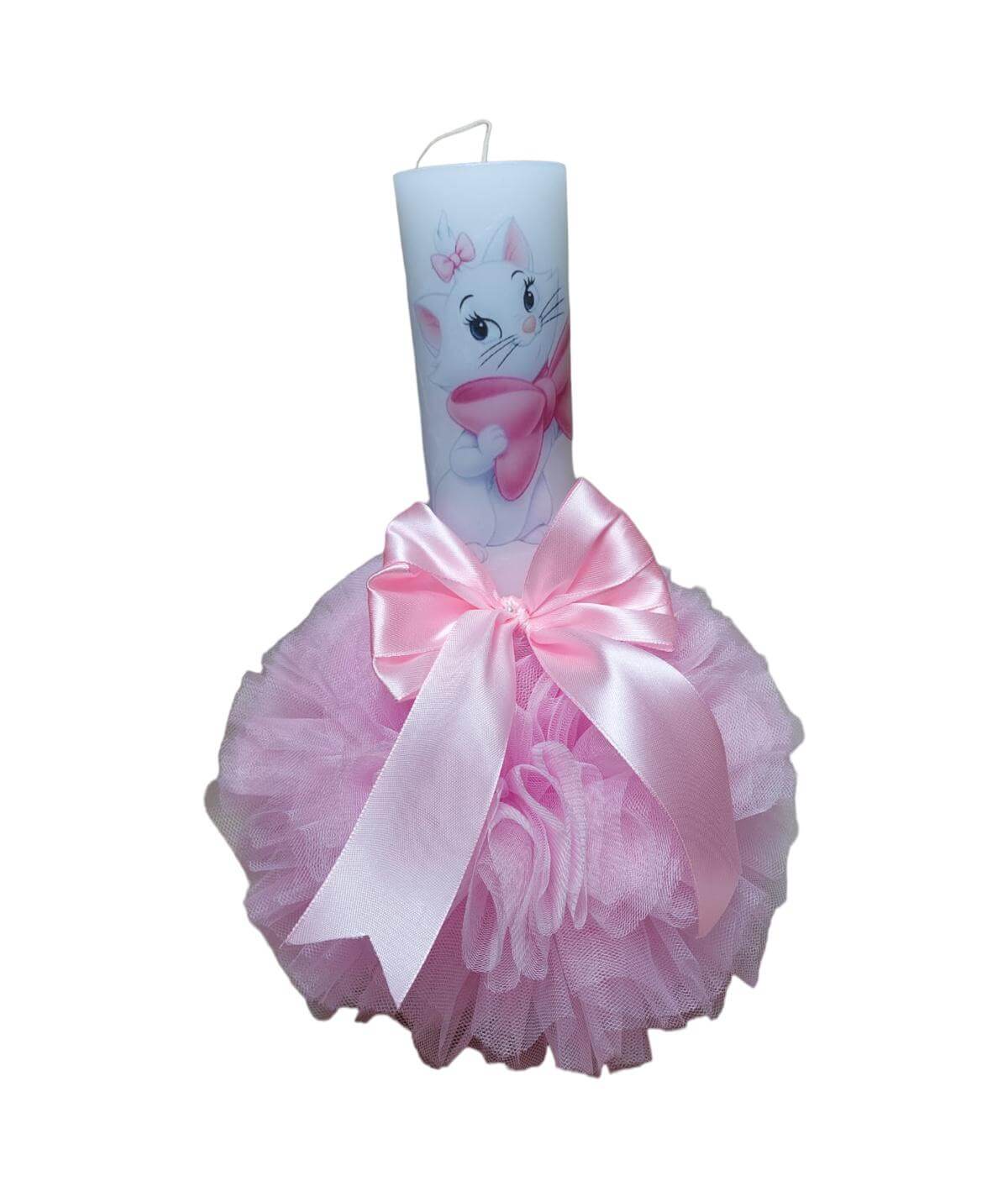 Lumanare botez Pisica Marie Lumanare botez Pisica Marie cu tulle roz