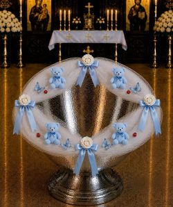 Decor cristelnita din tulle alb si ursuleti blue