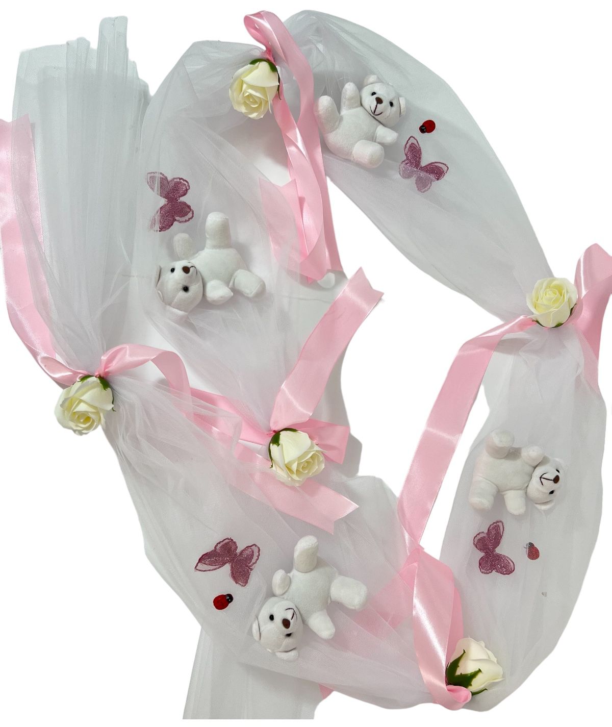 decor cristelnita din tulle alb cu ursuleti alb si panglica roz
