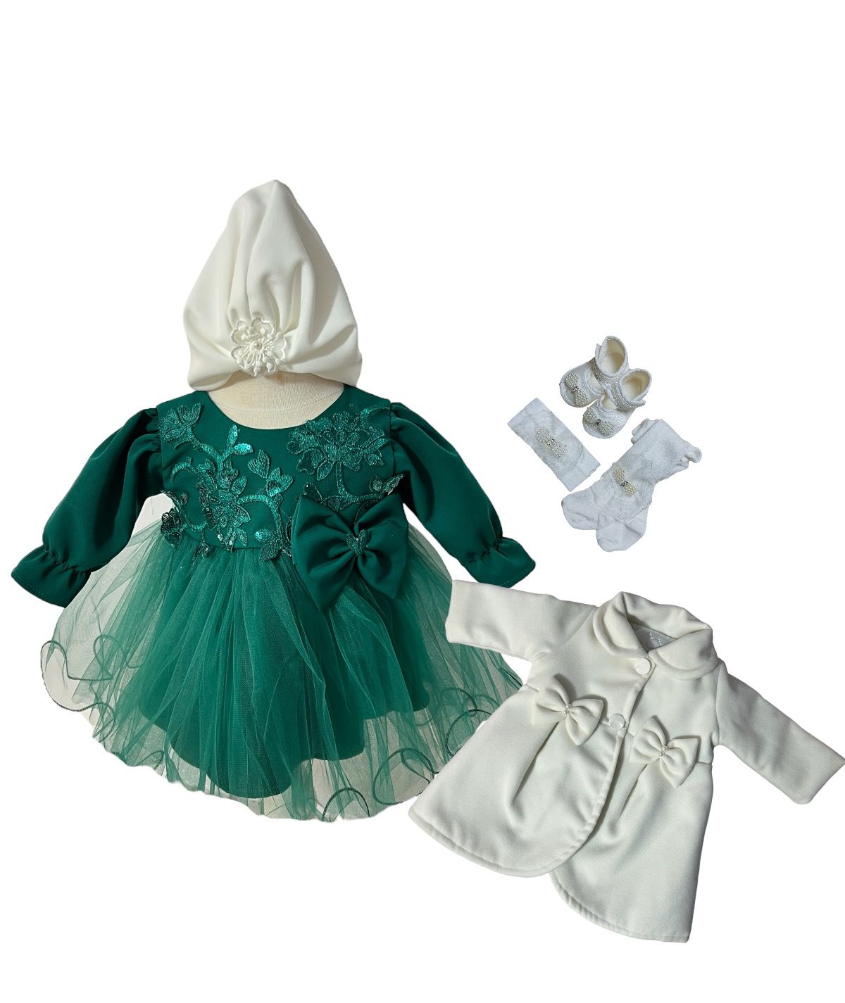 Set complet botez fetita Lorena - verde cu palton Set complet botez fetita Lorena - verde cu palton