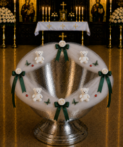 Decor cristelnita din tulle alb cu ursuleti alb si panglica verde