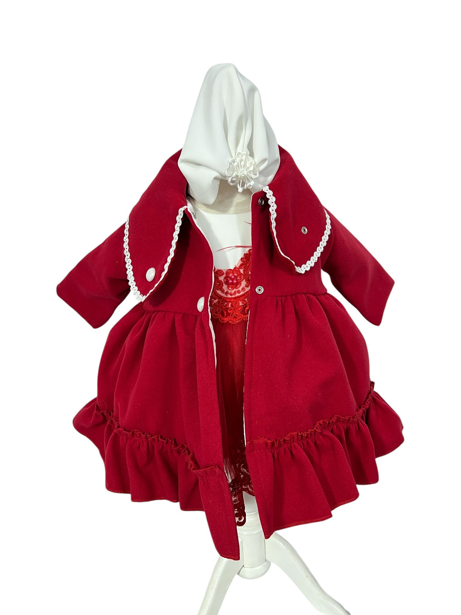 Set complet botez fetita Alina- rosu cu palton Set complet botez fetita Alina- rosu cu palton
