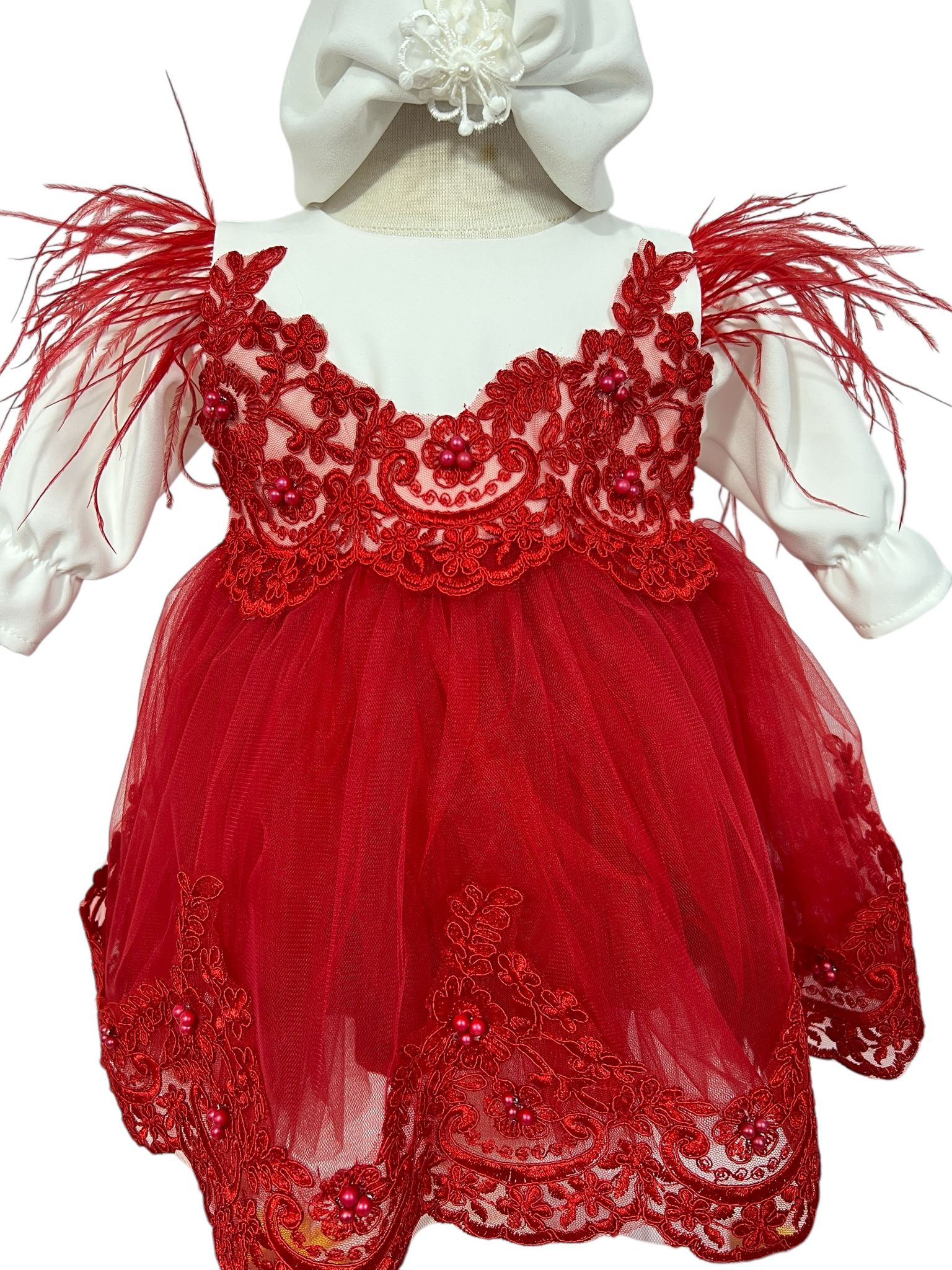 Set complet botez fetita Alina- rosu cu palton Set complet botez fetita Alina- rosu cu palton
