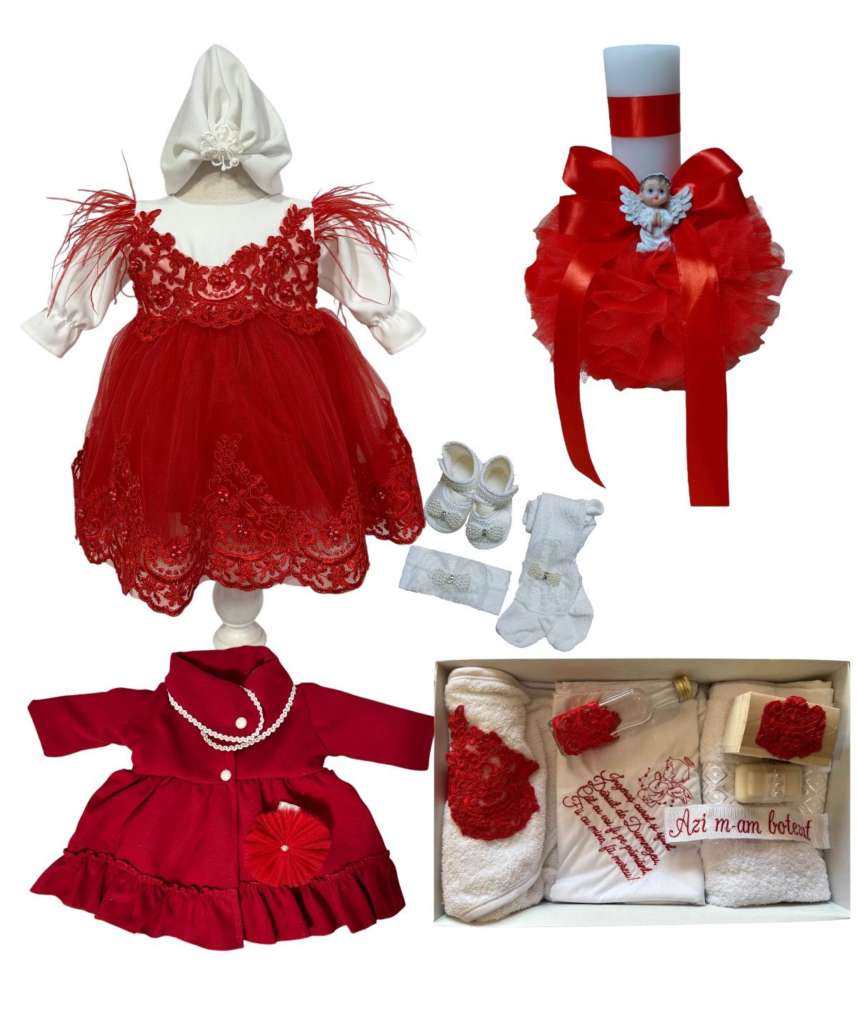 Set complet botez fetita Alina- rosu cu palton Set complet botez fetita Alina- rosu cu palton