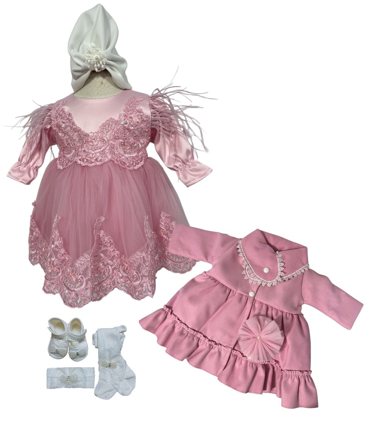 Set complet botez fetita Alina- roz cu palton Set complet botez fetita Alina- roz cu palton
