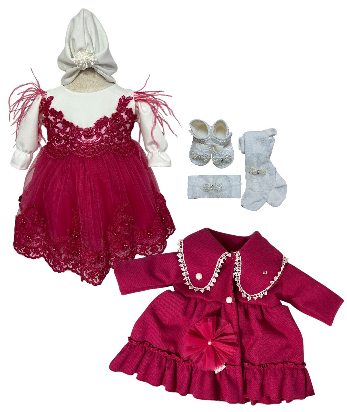 Set complet botez fetita Alina- siclam cu palton Set complet botez fetita Alina- siclam cu palton