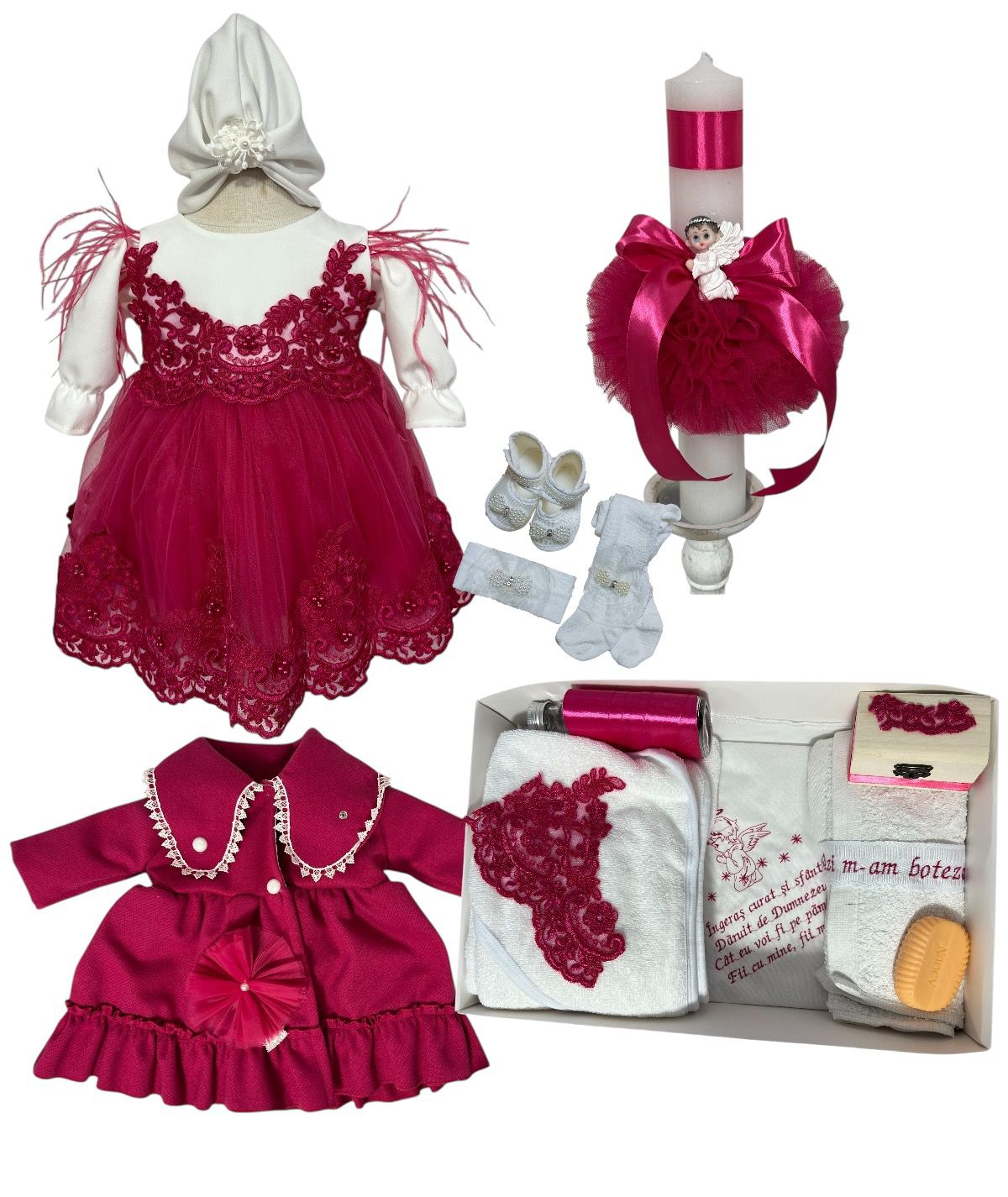 Set complet botez fetita Alina- siclam cu palton Set complet botez fetita Alina- siclam cu palton