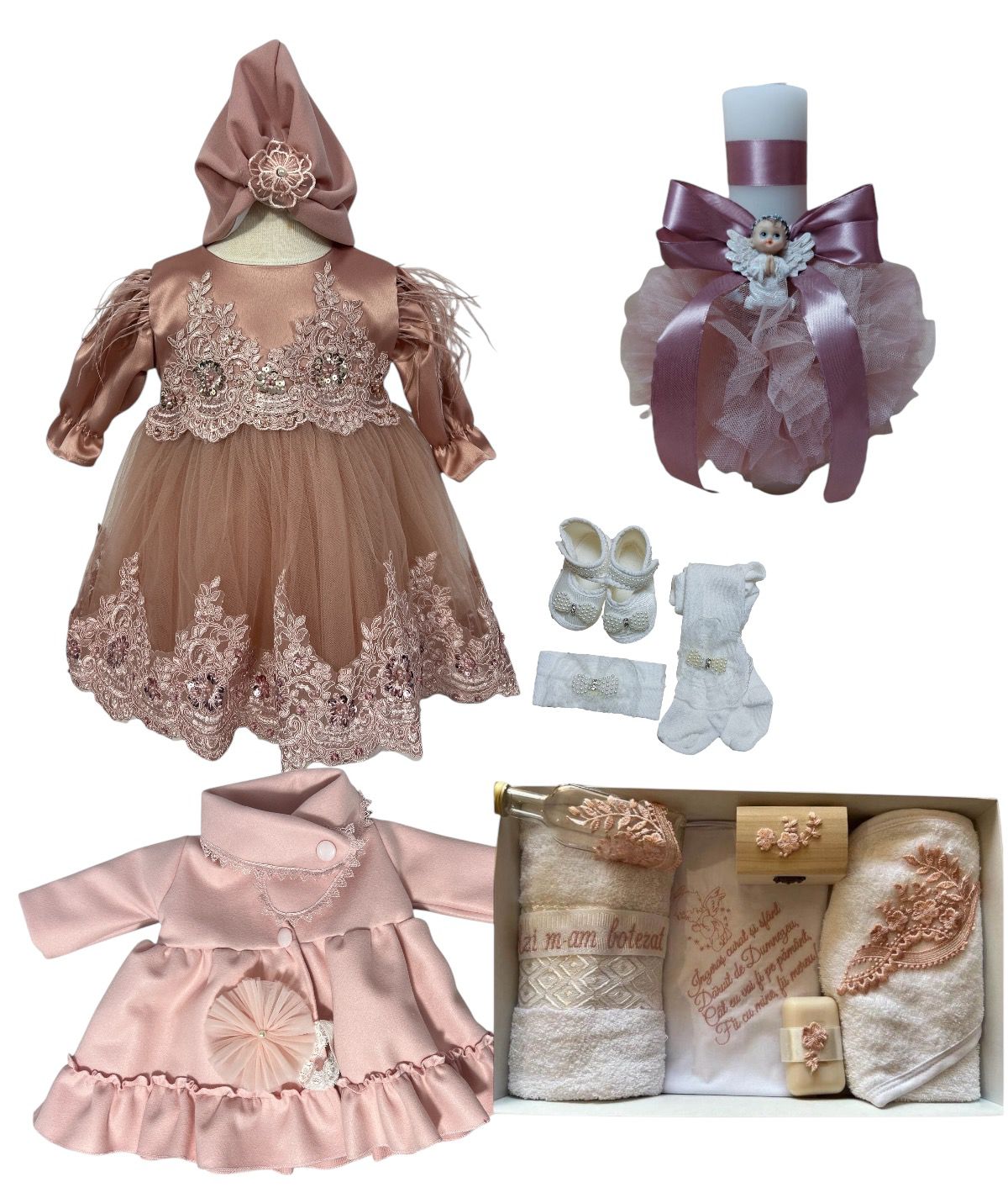 Set complet botez fetita Alina- pudra cu palton Set complet botez fetita Alina- pudra cu palton