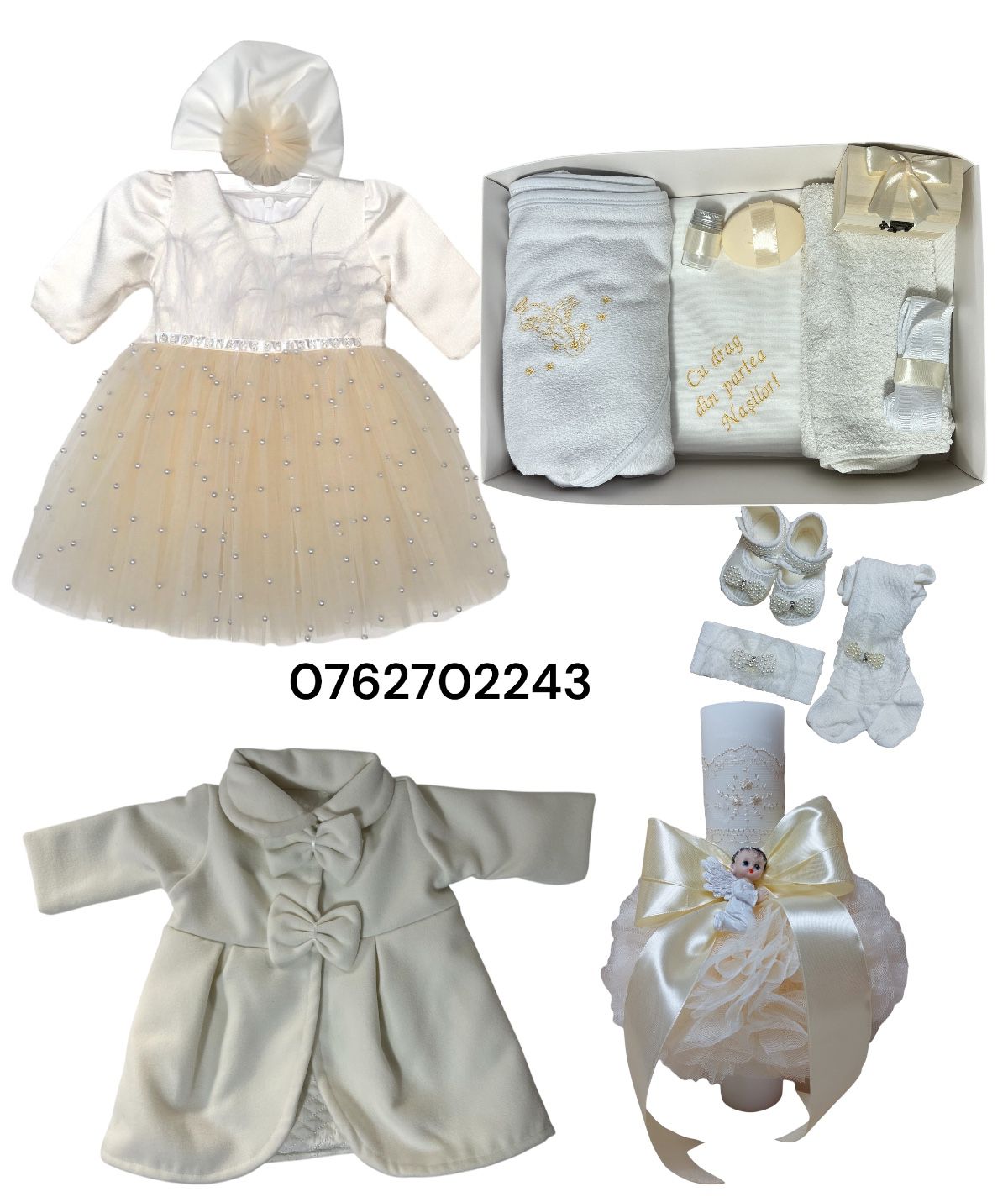 Set complet botez fetita Adela- ivory cu palton Set complet botez fetita Adela- ivory cu palton