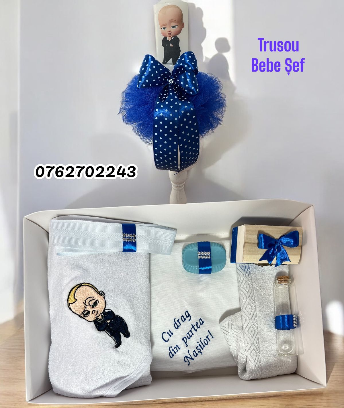 Set trusou si lumanare - Boss Baby albastru electric Set trusou si lumanare - Boss Baby albastru electric