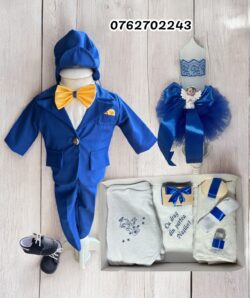 Set botez Darius - albastru electric cu papion galben