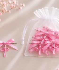 Cruciulite elegante botez cu fundita roz, set 20 BUC si bolduri
