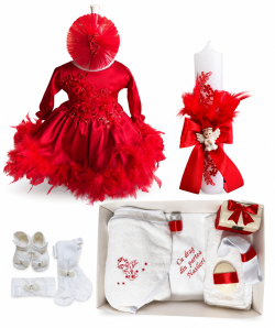 Set complet botez fetita Mia cu pene - rosu