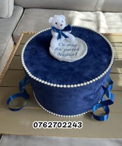 Cufar botez - catifea bluemarin cu ursulet