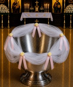 Decor cristelnita din tulle alb si panglica roz cu buline - pentru fetita