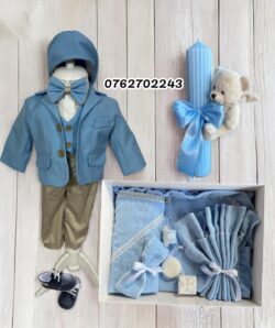 Set botez Ianis - blue cu trusou muselina si lumanare striata