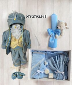 Set botez Royal -blue regal cu trusou muselina si lumanare striata