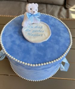 Cufar botez - catifea blue cu ursulet