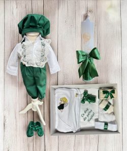 Set botez costum catifea cu aripi - verde