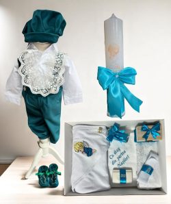 Set botez costum catifea cu aripi - turcoaz