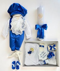 Set botez costum catifea cu aripi - albastru electric
