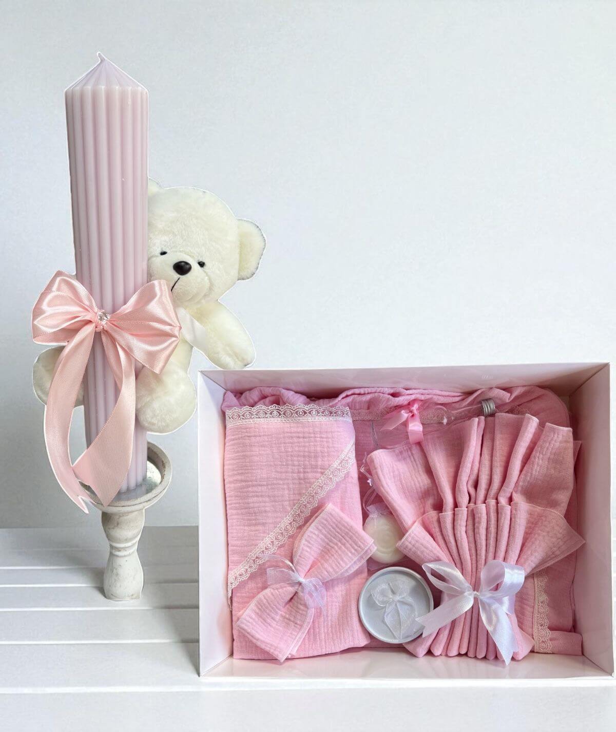 Set trusou muselina si lumanare pudra cu ursulet