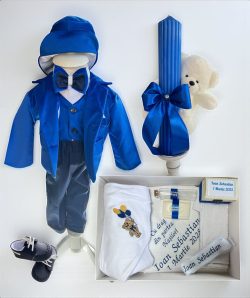 Set botez Mateo - albastru electric din catifea cu tematica ursulet si lumanare striata