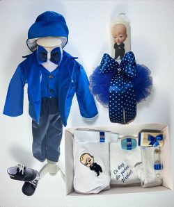 Set botez Mateo - albastru electric din catifea cu tematica Bebe Sef