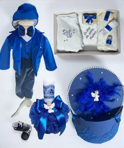 Set botez Mateo - albastru electric din catifea cu tematica inger, din partea nasilor si cufar