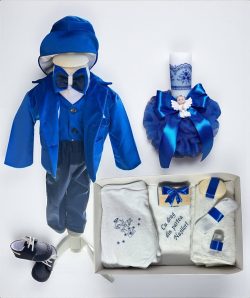 Set botez Mateo - albastru electric din catifea cu tematica ingeras