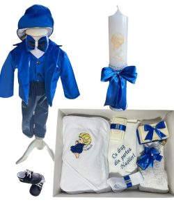 Set botez Mateo - albastru electric din catifea cu tematica ingeras brodat