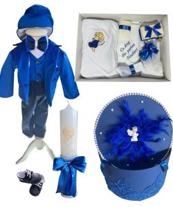 Set botez Mateo - albastru electric din catifea cu tematica ingeras brodat si cufar