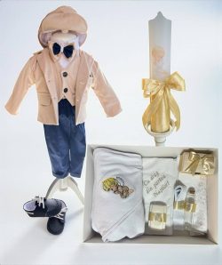 Set botez Mateo - crem din catifea cu tematica ingeras brodat