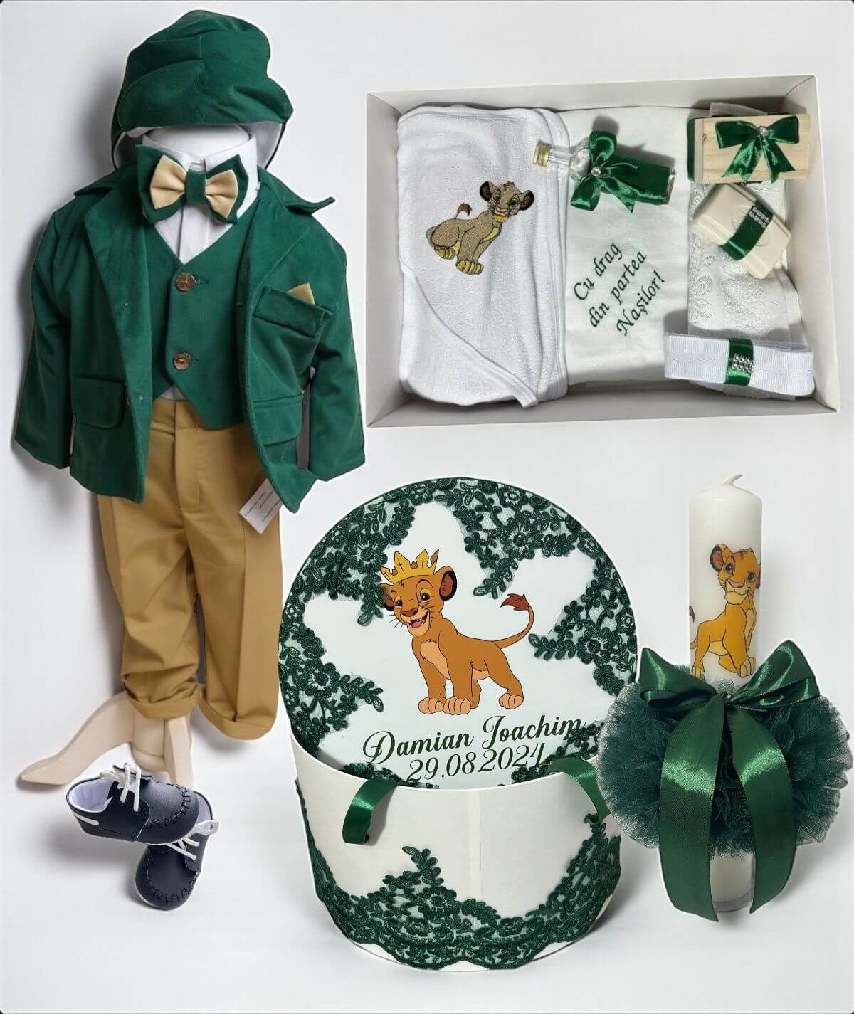 Set botez Mateo - verde din catifea cu tematica Regele Leu