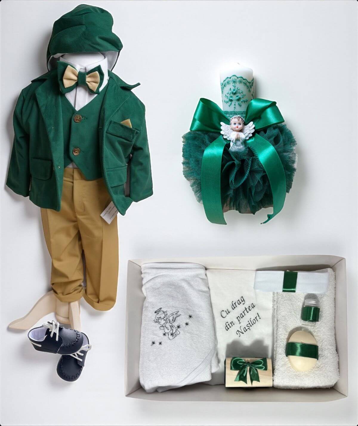 Set botez Mateo - verde din catifea cu tematica ingeras