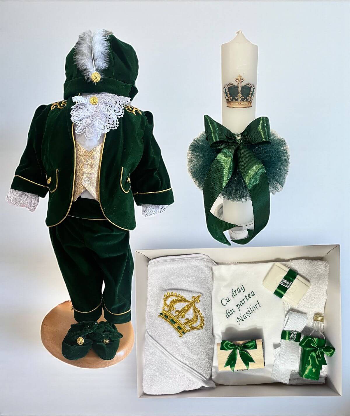 Set botez Royal -verde, model coroana , catifea