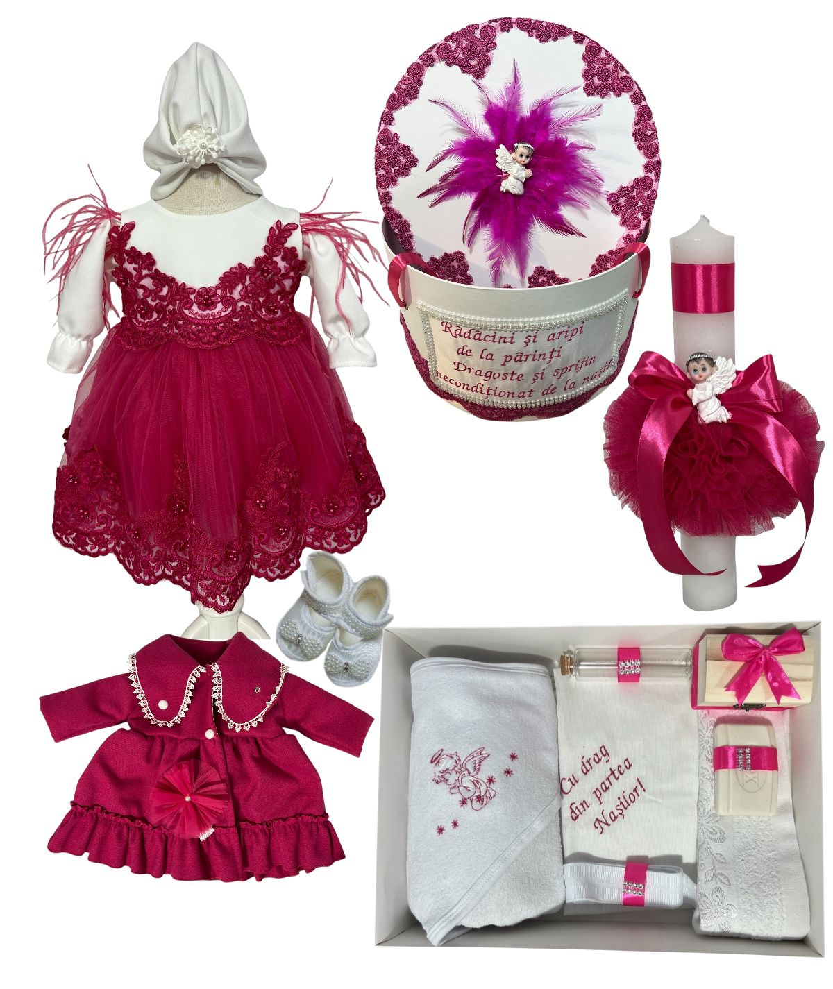 Set complet pentru botez, incluzând o rochiță roșie, trusou, lumânare personalizată și accesorii.