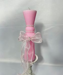 Lumanare botez clepsidra cu funda organza cu perlute  - roz