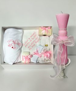 Set botez trusou ingeras cu inimioara si lumanare clepsidra - roz