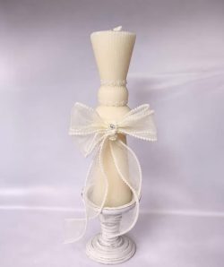 Lumanare botez clepsidra cu funda organza cu perlute  - ivory