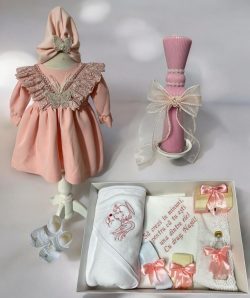 Set complet botez fetita Ivana - corai cu lumanare clepsidra si trusou inger cu inimioara