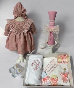 Set complet botez fetita Ivana - pudra cu lumanare clepsidra si trusou inger cu inimioara