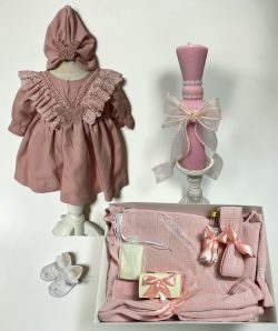 Set complet botez fetita Ivana - pudra cu lumanare clepsidra si trusou muselina