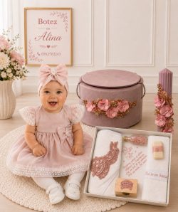 Set botez luxury Bella - pudra cu trusou dantela si lumanare striata si cufar buretat catifea