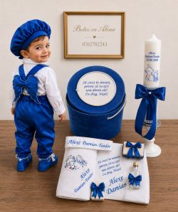 Set botez luxury aripi - albastru electric cu trusou, lumanare, cufar catifea