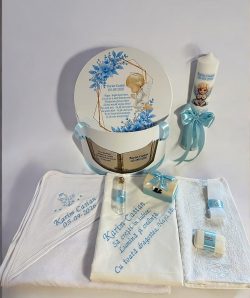 Set botez baiat blue - tematica ingeras- trusou, lumanare, cufar