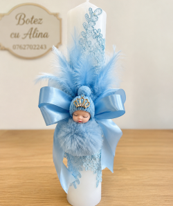 Lumanare botez cu dantela si pene- bebelus blue