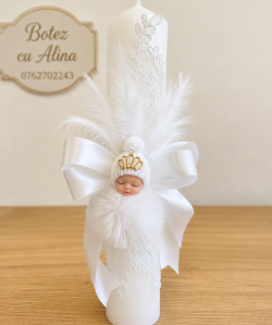 Lumanare botez cu dantela si pene- bebelus alb